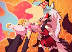 Rule 34 | 2girls, animal ears, ass, beelzebub (helluva boss), blush, breasts, collar, colored sclera, demon girl, extra arms, fox ears, fox girl, furry, furry female, furry with furry, grey fur, helluva boss, highres, kiss, long hair, loona (helluva boss), medium breasts, multicolored hair, multicolored tail, multiple girls, nedeeress, red sclera, small breasts, spiked collar, spikes, tail, white eyes, white fur, wings, wolf ears, wolf girl, wolf tail, yuri