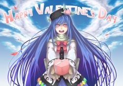 Rule 34 | 1girl, adapted costume, alternate headwear, blue hair, blush, bow, cloud, female focus, food, fruit, happy valentine, hat, heart, heart-shaped pupils, hinanawi tenshi, leaf, long hair, long sleeves, muchakushoku, open mouth, peach, pink eyes, scarf, sky, solo, symbol-shaped pupils, touhou, valentine, very long hair