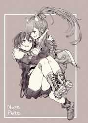 Rule 34 | 2girls, absurdres, animal ears, arms around neck, bare legs, boots, carrying, cat ears, commentary, ear piercing, english commentary, eye contact, fur-trimmed jacket, fur trim, highres, ichinose uruha, ishiki (isiki149), jacket, long hair, long sleeves, looking at another, lupinus virtual games, monochrome, multiple girls, nijisanji, parted lips, piercing, pleated skirt, ponytail, princess carry, ratna petit, sepia, short hair, shorts, sideways mouth, skirt, smile, virtual youtuber, vspo!, yuri