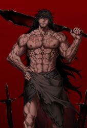 Rule 34 | 1boy, abs, bara, beard, black hair, dobek k, facial hair, fangs, full-body tattoo, hand on own hip, highres, holding, holding sword, holding weapon, large pectorals, long hair, male focus, manly, mature male, muscular, muscular male, nipples, over shoulder, pectorals, pubic hair, red background, red eyes, scp-076-2, scp foundation, simple background, skirt, solo, spiked hair, sword, sword over shoulder, tattoo, teeth, thick arms, thick eyebrows, thick thighs, thighs, topless male, veins, weapon, weapon over shoulder