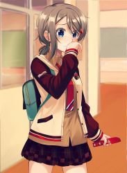 Rule 34 | 1girl, backpack, bag, blue eyes, blush, box, brown skirt, commentary request, cowboy shot, grey hair, hallway, hand to own mouth, heart, heart hands, highres, holding, holding box, jacket, long sleeves, love live!, love live! school idol festival, love live! sunshine!!, miniskirt, nanotsuki, neckerchief, plaid, plaid skirt, pleated skirt, ponytail, red neckerchief, school, skirt, solo, tearing up, watanabe you, wavy mouth