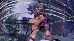 Rule 34 | 1girl, 3d, alternate color, black leotard, breasts, butterfly swords, curvy, forest, highleg, highleg leotard, highres, holding, holding weapon, iroha (samurai spirits), large breasts, leotard, maid, maid headdress, nature, ryona, samurai spirits, screencap, shiny skin, sideboob, skindentation, sky, solo, standing, thighhighs, third-party edit, thong leotard, tree, weapon, wide hips, wind