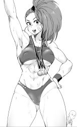 Rule 34 | 1boy, 1girl, abs, absurdres, arm up, armpits, bald, bandaid, bandaid on cheek, bandaid on face, bare shoulders, biceps, blush, breasts, buruma, captain mizuki, covered erect nipples, cowboy shot, curvy, eyes visible through hair, gluteal fold, greyscale, groin, hand on own hip, highres, looking at viewer, medal, medium breasts, minakami (flyingman555), monochrome, muscular, muscular female, navel, one-punch man, open mouth, ponytail, saitama (one-punch man), simple background, smile, solo focus, sports bra, standing, steam, sweat, toned, underboob, white background, wristband
