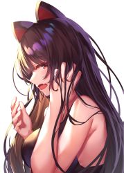 Rule 34 | 1girl, absurdres, animal ears, bare arms, bare shoulders, black dress, black hair, blush, breasts, brown eyes, brown hair, commentary request, dog ears, dress, fang, hand in own hair, hands up, highres, inui toko, large breasts, long hair, nijisanji, open mouth, profile, simple background, sleeveless, sleeveless dress, solo, upper body, virtual youtuber, white background, yuuki nao (pixiv10696483)