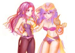 Rule 34 | 2girls, bandana, bra, breasts, cleavage, elbow gloves, fairylam, final fantasy, final fantasy ii, gloves, highres, holding hands, large breasts, looking ahead, looking at another, maria (ff2), midriff, multiple girls, purple eyes, purple hair, reila, simple background, smile, solo, underwear, upper body, white background
