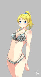 Rule 34 | 10s, 1girl, absurdres, ayase eli, bikini, blonde hair, blue eyes, blush, body blush, breasts, cleavage, cowboy shot, danraku, grey background, highres, long hair, looking at viewer, love live!, love live! school idol project, moe (phrase), navel, parted bangs, ponytail, self-upload, signature, simple background, smile, solo, standing, swimsuit