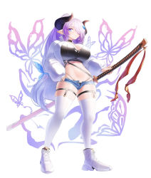 Rule 34 | 1girl, bug, butterfly, choker, draph, garter straps, gooak, granblue fantasy, hair ornament, highres, horns, bug, long hair, narmaya (granblue fantasy), oversized clothes, ponytail, purple eyes, purple hair, shoes, shorts, simple background, sneakers, sword, thighhighs, weapon