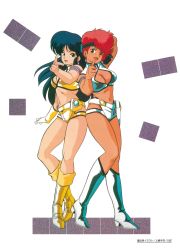 Rule 34 | 1980s (style), absurdres, arm behind head, arm up, armlet, blue eyes, blue hair, boots, dark-skinned female, dark skin, dirty pair, earrings, full body, gloves, headband, highres, holster, jewelry, kei (dirty pair), knee boots, long hair, navel, official art, oldschool, one eye closed, open mouth, pointing, red eyes, red hair, retro artstyle, scan, short hair, side-by-side, single glove, standing, thumbs up, yuri (dirty pair)