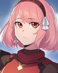 Rule 34 | 1girl, armor, braid, close-up, closed mouth, edmonmondo, fire emblem, fire emblem engage, hair ribbon, hairband, highres, lapis (fire emblem), looking at viewer, nintendo, pink eyes, pink hair, portrait, red hairband, ribbon, short hair, side braid, simple background, solo, swept bangs, two-tone hairband, upper body, white ribbon