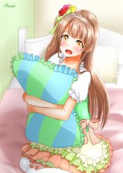 Rule 34 | 1girl, absurdres, artist name, artist request, bed, blush, bow, breasts, bridal garter, brown eyes, brown hair, dress, female focus, flower, frilled dress, frilled skirt, frills, green bow, green dress, green skirt, grey hair, hair bow, hair flower, hair ornament, hair over shoulder, hair rings, highres, holding, holding pillow, jewelry, light brown hair, long hair, looking at viewer, love live!, love live! school idol festival, love live! school idol project, minami kotori, miniskirt, mizunoe illust, on bed, orange bow, orange skirt, parted lips, pillow, plaid, plaid dress, plaid skirt, pleated, pleated dress, pleated skirt, ponytail, puffy short sleeves, puffy sleeves, purple flower, red flower, short sleeves, side ponytail, skirt, smile, solo, striped bow, striped clothes, striped skirt, vertical-striped clothes, vertical-striped skirt, white legwear, yellow eyes, yellow flower, yellow skirt