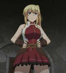 Rule 34 | 1girl, absurdres, blonde hair, breasts, emma brightness, fingerless gloves, gloves, green eyes, half-closed eyes, hands on own hips, highres, large breasts, legs, looking at viewer, medium hair, ore dake haireru kakushi dungeon, side ponytail, skirt, smile, solo, stitched, thighs, third-party edit