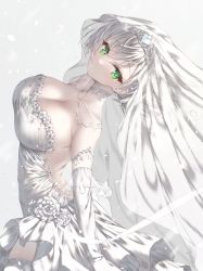 Rule 34 | 1girl, absurdres, backless dress, backless outfit, breasts, bridal veil, cleavage, commentary, cowboy shot, detached collar, dress, elbow gloves, gloves, green eyes, highres, hololive, ijac ray, large breasts, leaning back, looking at viewer, shirogane noel, sideways glance, silver hair, simple background, solo, strapless, symbol-only commentary, thighhighs, tiara, veil, virtual youtuber, wedding dress, white background, white dress, white gloves