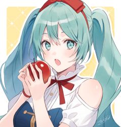 Rule 34 | 1girl, apple, aqua eyes, aqua hair, bare shoulders, blue corset, clothing cutout, commentary, corset, cosplay, food, fruit, hair ribbon, hatsune miku, holding, holding food, holding fruit, long hair, looking at viewer, neck ribbon, open mouth, red ribbon, ribbon, shirt, shoulder cutout, signature, snow white, snow white (disney), snow white (disney) (cosplay), solo, tokki, twintails, upper body, very long hair, vocaloid, white shirt, wristband, yellow background