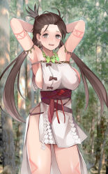 Rule 34 | 1girl, absurdres, armpits, arms behind head, arms up, bare shoulders, blush, body markings, breasts, brown eyes, brown hair, cleavage, dress, facial mark, fate/grand order, fate (series), forehead, forehead mark, highres, himiko (fate), himiko (first ascension) (fate), jewelry, koizumo, large breasts, long hair, looking at viewer, magatama, magatama necklace, necklace, open mouth, sash, side slit, sideboob, smile, solo, thighs, topknot, twintails, white dress