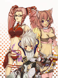 Rule 34 | .hack//, .hack//g.u., .hack//roots, 00s, 1boy, 2girls, animal ears, animal hands, bandai, bare shoulders, breasts, brown eyes, brown hair, cat ears, cat paws, cleavage, cyber connect 2, frown, glasses, gun, handgun, happy, haseo, haseo (.hack//), midriff, miniskirt, multiple girls, navel, necktie, pi (.hack//), pink hair, purple eyes, red eyes, revealing clothes, revolver, silver hair, skirt, smile, tabby, tabby (.hack//), tattoo, thighhighs, twintails, weapon, zettai ryouiki