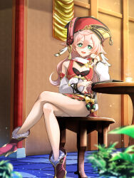 Rule 34 | 1girl, bare legs, bare shoulders, black bra, book, boots, bra, breasts, chiga akira, commentary request, crop top, crossed legs, cup, detached sleeves, full body, genshin impact, green eyes, hat, high heel boots, high heels, highres, legs, looking at viewer, midriff, miniskirt, open mouth, pink hair, plant, pom pom (clothes), red hat, sitting, skirt, small breasts, smile, solo, table, teacup, thighs, underwear, yanfei (genshin impact)