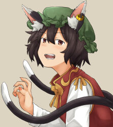 Rule 34 | 1girl, animal ear fluff, animal ear piercing, animal ears, black hair, breasts, brown eyes, brown hair, cat ears, cat tail, chagamaka, chen, double-parted bangs, earrings, from side, gold trim, green hat, grey background, hair between eyes, hand up, hat, jewelry, leaning forward, light blush, long sleeves, looking at viewer, mob cap, multiple tails, nail polish, nekomata, open mouth, red nails, red vest, short hair, simple background, single earring, small breasts, smile, solo, tail, teeth, touhou, two tails, upper body, vest