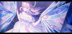 Rule 34 | 1girl, bare shoulders, blue eyes, commentary, dress, english commentary, english text, floating hair, hair between eyes, halo, hands up, highres, holding, ji dao ji, letterboxed, long dress, long hair, looking afar, open mouth, original, purple hair, solo, space, standing, star (symbol), upper body, white dress
