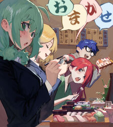 Rule 34 | 1boy, 3girls, :o, ahoge, black-framed eyewear, black jacket, blazer, blonde hair, blue eyes, blush, bowl, buttoned cuffs, buttons, chopsticks, closed eyes, collarbone, collared shirt, commentary request, fish (food), food, from side, glasses, green hair, green shirt, grey shirt, hair between eyes, highres, hipa (some1else45), holding, holding chopsticks, holding food, huge ahoge, jacket, long bangs, long hair, long sleeves, looking at another, looking at viewer, multiple girls, nahia (some1else45), office lady, open mouth, original, red hair, sashimi, sekoshi (some1else45), shirt, sidelocks, smile, some1else45, sushi, sweatdrop, table, teeth, upper body, upper teeth only, white shirt, wooden table