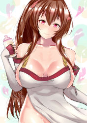 Rule 34 | 10s, 1girl, absurdres, apron, baby bottle, bare shoulders, blush, bottle, breasts, brown hair, cleavage, hair ornament, hairclip, highres, hip focus, huge breasts, kantai collection, long hair, looking at viewer, naked apron, pink eyes, ponytail, sankakusui, sideboob, smile, solo, very long hair, yamato (kancolle)