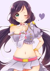 Rule 34 | 10s, 1girl, ;), collarbone, cowboy shot, crop top, earrings, finger to mouth, green eyes, hand on own hip, heart, jewelry, long hair, looking at viewer, love live!, love live! school idol festival, love live! school idol project, low twintails, midriff, music s.t.a.r.t!!, navel, off shoulder, one eye closed, purple background, purple hair, puzsan, simple background, single bare shoulder, skirt, smile, solo, tojo nozomi, twintails, very long hair