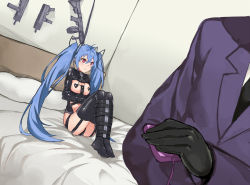 Rule 34 | 1boy, 1girl, amiba (amiba00638239), antenna hair, bdsm, black gloves, black neckwear, black ribbon, black thighhighs, blue hair, blush, bondage, bound, bound arms, bound legs, breasts, collar, controller, crossed arms, dutch angle, formal, full body, garter straps, girls&#039; frontline, gloves, gun, hair between eyes, hair ribbon, heart, heart pasties, highres, holding, indoors, jacket, knees up, long hair, long sleeves, necktie, on bed, pasties, pillow, purple jacket, pussy juice, red eyes, remote control, ribbon, shiny clothes, shipka (girls&#039; frontline), shirt, sitting, slave, small breasts, solo focus, straitjacket, suit, thighhighs, twintails, very long hair, weapon, white shirt