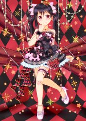 Rule 34 | 1girl, 2019, artist name, artist request, bare shoulders, black dress, black hair, blush, bow, candy, checkered background, checkered bow, checkered clothes, chocolate, chocolate heart, crown, dress, female focus, food, full body, hand on chin, heart, high heels, hiro9779, jewelry, love live!, love live! school idol project, mini crown, polka dot, polka dot bow, red bow, red eyes, skirt, smile, solo, twintails, yazawa nico