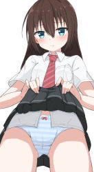 Rule 34 | 1girl, :t, black skirt, blue eyes, blush, bow, bow panties, breasts, brown hair, closed mouth, clothes lift, diagonal-striped clothes, diagonal-striped necktie, diagonal-striped neckwear, from below, hair between eyes, highres, lifting own clothes, long hair, looking at viewer, looking down, necktie, original, panties, pleated skirt, pout, red necktie, school uniform, shirt, short sleeves, simple background, skirt, skirt lift, small breasts, solo, striped clothes, striped necktie, striped neckwear, striped panties, takasuma hiro, underwear, white background, white shirt