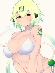 Rule 34 | 1girl, bikini, blush, body writing, bombergirl, breasts, cleavage, closed mouth, collarbone, da 3939, emera (bombergirl), expressionless, frown, gradient hair, green eyes, green hair, hair between eyes, highres, large breasts, long hair, looking at viewer, mechanical ears, multicolored hair, navel, simple background, skindentation, solo, string bikini, swimsuit, twintails, underboob, very long hair, white background