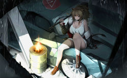 Rule 34 | 1girl, animal ear fluff, animal ears, arknights, bang telex, blonde hair, breasts, car, cleavage, collarbone, commentary, english commentary, fur trim, green jacket, highres, holding, holding weapon, jacket, lamborghini, lamborghini gallardo, large breasts, lion ears, lion girl, lion tail, motor vehicle, off shoulder, over shoulder, siege (arknights), sitting, solo, tail, tank top, weapon, weapon over shoulder