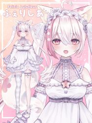 Rule 34 | 1girl, ahoge, animal ear fluff, animal ears, belt, cat ears, cat girl, cleavage cutout, clothing cutout, commentary request, detached sleeves, dress, felicia lulufleur, flower, highres, indie virtual youtuber, long hair, multicolored hair, open mouth, pink eyes, rose, single thighhigh, slime empire, smile, solo, streaked hair, thighhighs, twintails, virtual youtuber, white dress, white flower, white footwear, white hair, white rose, white thighhighs