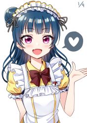 Rule 34 | 1girl, :d, apron, blue hair, blush, bow, bowtie, brown bow, brown bowtie, coco&#039;s, collared shirt, dated, deadnooodles, fang, frilled sleeves, frills, hair bun, hand up, heart, highres, love live!, love live! school idol festival, love live! sunshine!!, maid headdress, open mouth, purple eyes, shirt, side bun, simple background, single side bun, smile, solo, spoken heart, tsushima yoshiko, waitress, white apron, white background, yellow shirt