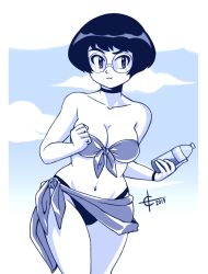 Rule 34 | 1girl, 2019, bare shoulders, bikini, blue theme, bottle, breasts, choker, cleavage, closed mouth, collarbone, eyebrows, glasses, highres, holding, holding bottle, large breasts, looking at viewer, monochrome, navel, original, round eyewear, short hair, solo, swimsuit, taggo, water bottle