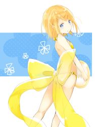 Rule 34 | 1girl, ass, bad id, bad twitter id, bikini, blonde hair, blue eyes, blush, bow, breasts, from behind, hair ornament, hairclip, highres, holding, kagamine rin, large bow, looking at viewer, oyamada (pi0v0jg), oyamade (pi0v0jg), parted lips, short hair, side-tie bikini bottom, small breasts, solo, standing, swimsuit, vocaloid, yellow bikini, yellow bow