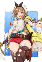 Rule 34 | 1girl, atelier (series), atelier ryza, atelier ryza 1, belt, belt pouch, boots, bow, bracelet, breasts, brown eyes, brown hair, gloves, hair bow, hair ornament, hairclip, hat, highres, jewelry, looking at viewer, medium breasts, navel, potion, pouch, reisalin stout, short shorts, shorts, sidelocks, simple background, smile, staff, thigh boots, thigh pouch, thighhighs, thighhighs under boots, yamaguchi satoshi