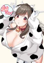 Rule 34 | 1girl, absurdres, animal ears, animal print, arms up, beige background, belt collar, bikini, black hairband, blush, breasts, brown hair, chestnut mouth, cleavage, collar, collarbone, cow ears, cow horns, cow print, cowbell, cowboy shot, english text, fake animal ears, fake horns, gloves, haibarasaika, hairband, highres, horns, horns pose, huge breasts, idolmaster, idolmaster shiny colors, leaning forward, long sleeves, looking at viewer, loose clothes, onesie, pajamas, patterned legwear, red eyes, red neckwear, sidelocks, simple background, solo, speech bubble, swimsuit, thighhighs, tsukioka kogane, white gloves