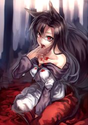 Rule 34 | 1girl, animal ears, bare shoulders, black hair, blood, blood on clothes, brooch, dress, fingers to mouth, highres, imaizumi kagerou, jewelry, long hair, red eyes, slit pupils, solo, tail, touhou, u u zan, wolf ears, wolf tail