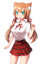 Rule 34 | 1girl, animal ears, blush, breasts, cat ears, checkered clothes, checkered skirt, green eyes, hair ribbon, large breasts, light brown hair, long hair, miniskirt, open mouth, original, plaid, plaid skirt, pleated skirt, ribbon, shirt, short sleeves, skirt, smile, solo, twintails, zenn