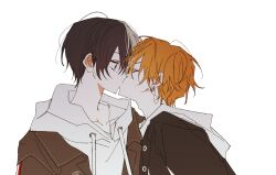 2boys akita_neru aoyagi_touya brown_hair brown_jacket closed_eyes ear_piercing goguma_wagamja highres hood hoodie jacket kiss looking_at_another male_focus multiple_boys orange_hair piercing project_sekai short_hair simple_background upper_body very_short_hair white_background white_hoodie yaoi