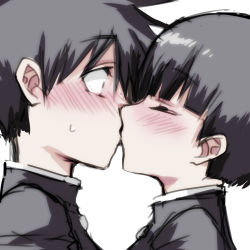 Rule 34 | 2boys, bad id, bad pixiv id, black hair, black shirt, blush, brothers, child, closed eyes, commentary, embarrassed, full-face blush, hair between eyes, highres, incest, kageyama ritsu, kageyama shigeo, kiss, looking at another, misteor, mob psycho 100, multiple boys, shirt, short hair, siblings, surprised, white background, yaoi