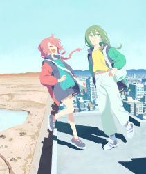 Rule 34 | 2boys, androgynous, bag, belt, black footwear, black jacket, black shorts, blue shirt, blue sky, borrowed character, braid, city, closed mouth, commentary request, commission, day, desert, earrings, closed eyes, fang, full body, green eyes, green hair, green jacket, highres, jacket, jewelry, long hair, male focus, muji (uimss), multicolored clothes, multicolored jacket, multiple boys, on roof, open mouth, original, outdoors, pants, pink hair, red jacket, shadow, shirt, shoes, shorts, shoulder bag, single braid, skeb commission, sky, smile, sneakers, two-tone jacket, white footwear, white pants, yellow shirt