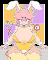 Rule 34 | 1girl, black choker, breasts, choker, cleavage, closed mouth, commentary, covered navel, curvy, fishnet thighhighs, fishnets, heart, highres, huge breasts, komeiji satori, leotard, looking at viewer, mccum69, multicolored background, playboy bunny, rabbit ears, solo, symbol-only commentary, thighhighs, touhou, yellow leotard, yellow thighhighs