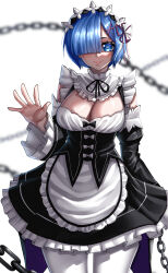 Rule 34 | 1girl, absurdres, apron, bare shoulders, black bow, black dress, blue eyes, blue hair, bow, breasts, chain, cleavage, commentary, cowboy shot, detached sleeves, dress, frilled apron, frills, hair ornament, hair over one eye, hairclip, highres, juliet sleeves, large breasts, long sleeves, looking at viewer, maid, pantyhose, petticoat, puffy sleeves, rageman709, re:zero kara hajimeru isekai seikatsu, rem (re:zero), short hair, simple background, smile, solo, standing, waist apron, white apron, white background, white pantyhose