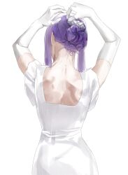Rule 34 | 1girl, arms up, dress, dressing, fern (sousou no frieren), from behind, gloves, hair bun, hair up, highres, o0hiruko0o, official alternate costume, official alternate hairstyle, purple hair, putting on jewelry, short sleeves, sidelocks, simple background, single hair bun, solo, sousou no frieren, updo, upper body, white background, white dress, white gloves