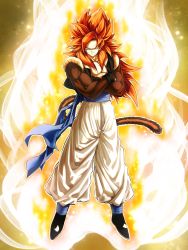 Rule 34 | 1boy, aura, black footwear, blue eyes, body fur, closed mouth, crossed arms, dragon ball, dragon ball gt, full body, gogeta, highres, looking at viewer, male focus, mattari illust, metamoran vest, monkey tail, muscular, pants, red hair, smile, solo, spiked hair, super saiyan, super saiyan 4, tail
