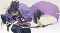 Rule 34 | 1boy, black hair, blue eyes, bow (weapon), coat, goya (xalbino), highres, knife, knife in mouth, long hair, male focus, ponytail, purple shirt, raven (tales), shirt, solo, tales of (series), tales of vesperia, weapon, weapon in mouth