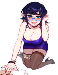 Rule 34 | 1girl, :d, bare arms, bare shoulders, black choker, blue-framed eyewear, blue dress, blue eyes, blush, blushyspicy, breasts, brown thighhighs, choker, cleavage, dress, earrings, fang, glasses, high heels, highres, jewelry, large breasts, medium hair, mole, mole under eye, nail polish, open mouth, original, pointy ears, shiny skin, smile, solo focus, sweat, teeth, thighhighs, upper teeth only, vampire, vivian seong (blushyspicy)
