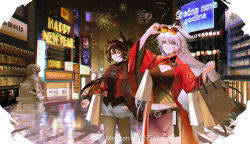 Rule 34 | 2girls, :d, animal ears, aqua eyes, arknights, artist name, bag, belt, billboard, black hair, black legwear, black shirt, breasts, brown scarf, city, cleavage, closed mouth, coat, eyewear on head, fang, fireworks, grey shorts, grin, hand in pocket, happy new year, highres, jacket, jewelry, lappland (arknights), large breasts, pantyhose under shorts, long hair, long sleeves, looking at viewer, meoten-tulishishao, multiple girls, necklace, new year, night, open clothes, open coat, open jacket, open mouth, orange-tinted eyewear, outdoors, pantyhose, parted lips, ponytail, purple shorts, red coat, red eyes, red jacket, round eyewear, scarf, shirt, shopping bag, shorts, sidelocks, silver hair, smile, statue, sunglasses, texas (arknights), tinted eyewear, very long hair, weibo watermark, wolf ears