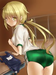 Rule 34 | 1girl, alternate costume, ankake hitokaji, ass, blonde hair, blue one-piece swimsuit, breasts, buruma, commentary request, cowboy shot, desk, from behind, green buruma, gym shirt, gym uniform, highres, kantai collection, leaning forward, long hair, looking at viewer, looking back, one-piece swimsuit, satsuki (kancolle), school desk, school swimsuit, shirt, small breasts, solo, swimsuit, t-shirt, twintails, white shirt, yellow eyes