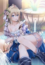 Rule 34 | 1girl, blonde hair, blue eyes, breasts, bug, butterfly, cape, cleavage, collarbone, dress, europa (granblue fantasy), flower, fountain, granblue fantasy, hair flower, hair ornament, insect, lying, myusha, on side, short dress, short hair, sleeveless, sleeveless dress, thighs, tiara, water, white dress